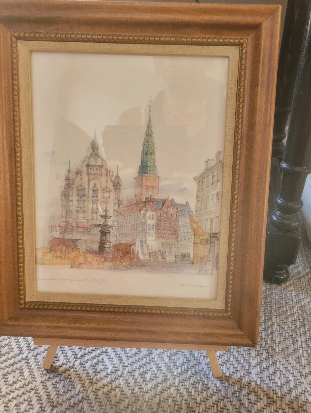Mid-Century Danish Artist Mads Stage Copenhagen Cityscape Watercolor Print Frame